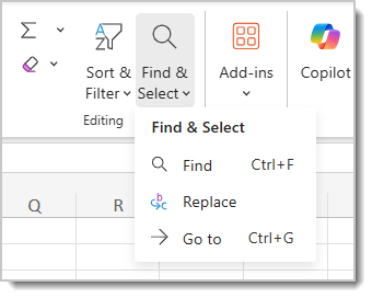 The Find & Select menu is open.