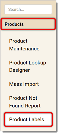 Image showing the Product Labels option in the Products menu of the system's Back End.