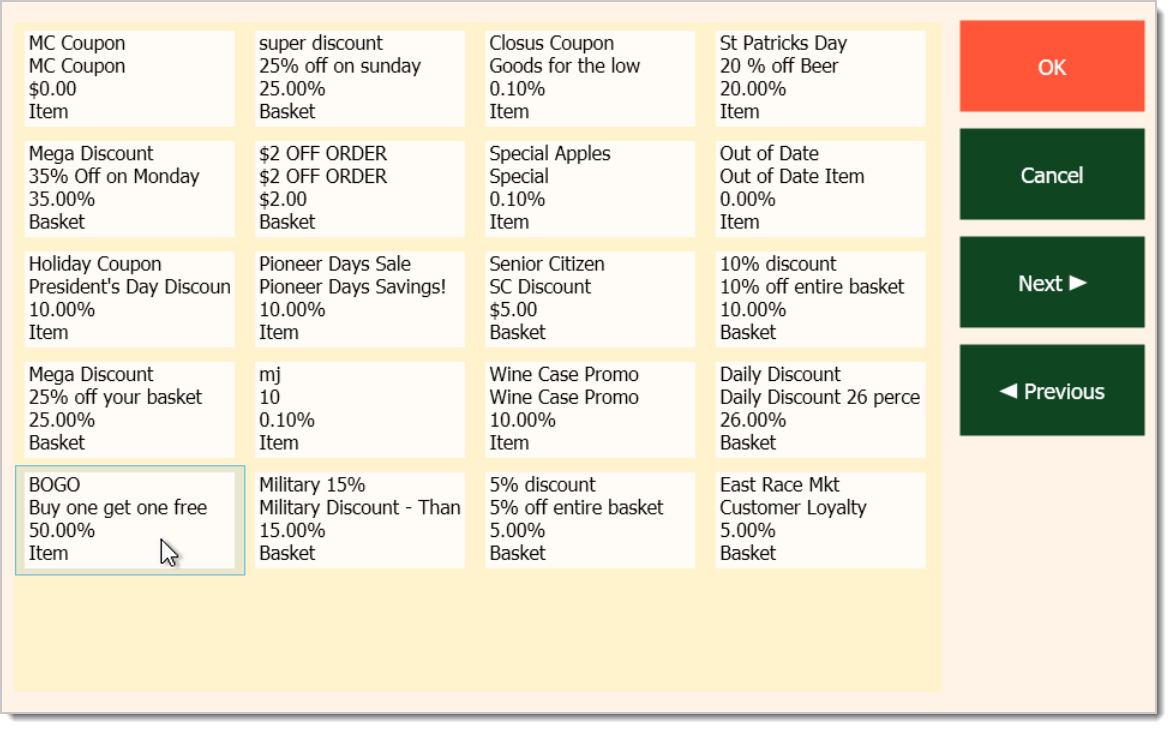 Image of the Discounts window. 