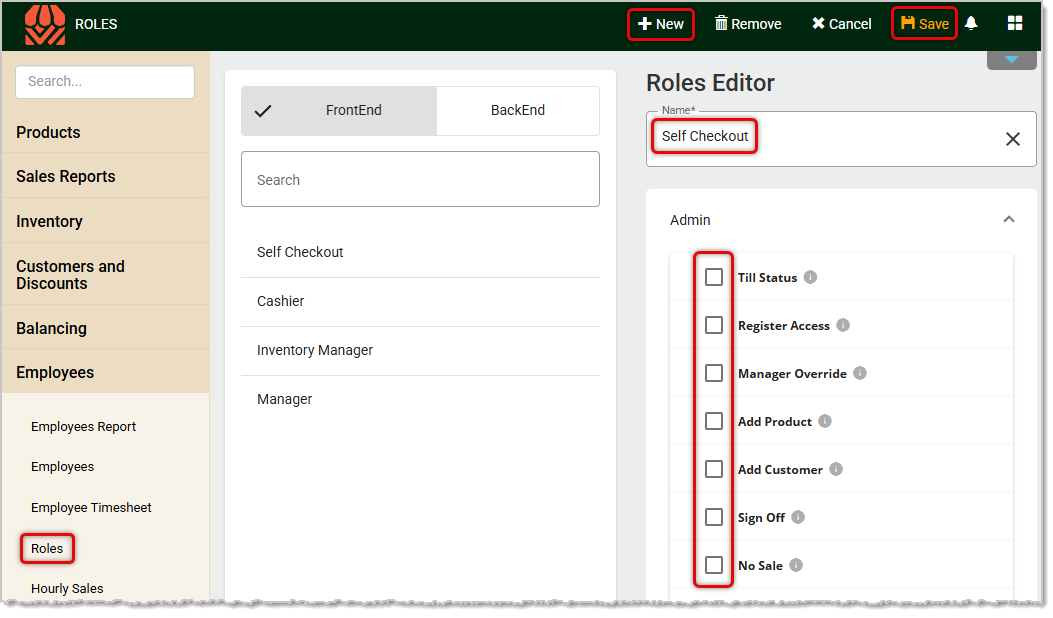 Image showing how to set up a Self Checkout employee in the Employee area of the  Back End.