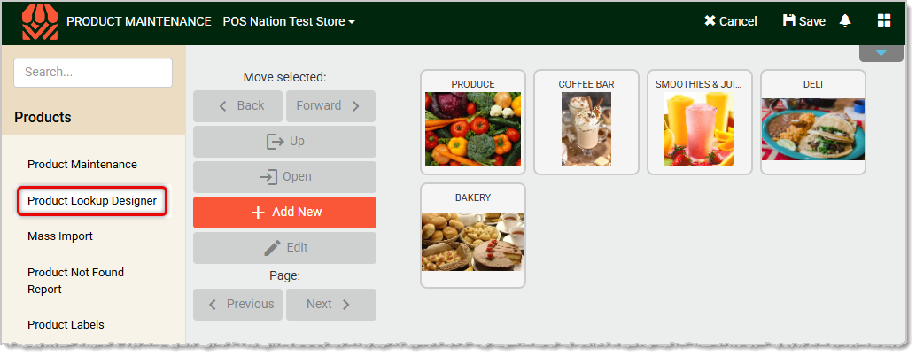 Image showing the Product Lookup Designer setup page in the Products menu of the  system's Back End.