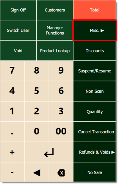 Image of the right-hand panel in the POS, with the Miscellaneous button highlighted.