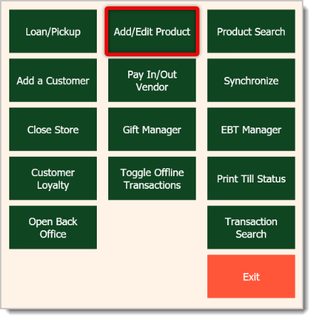 Image showing the Add/Edit Product function in the Manager Functions window in the system's Front End.