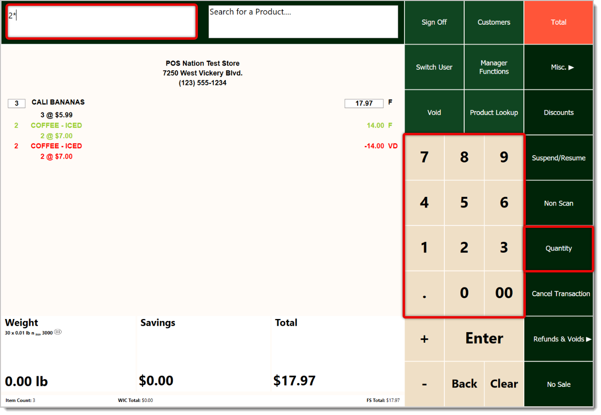 Image showing how to set a Quantity before scanning an item into the system's Front End.