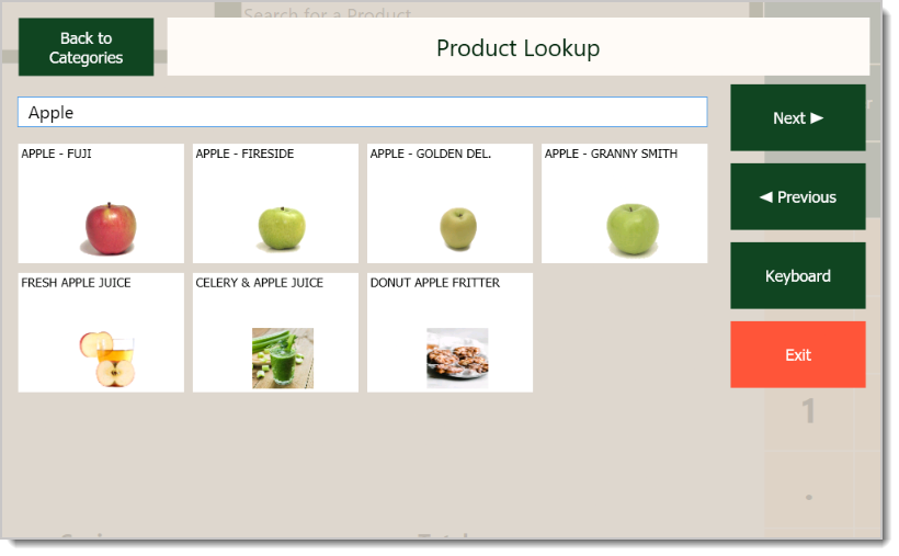 Image showing search results in the Product Lookup window in the system's Front End.