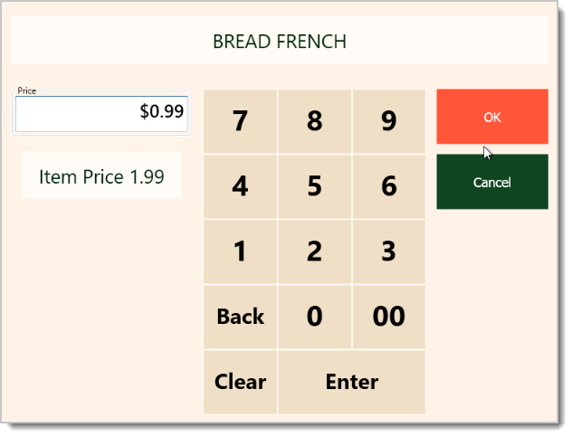 Image showing the manual adjustment of an item's Price in the system's Front End.