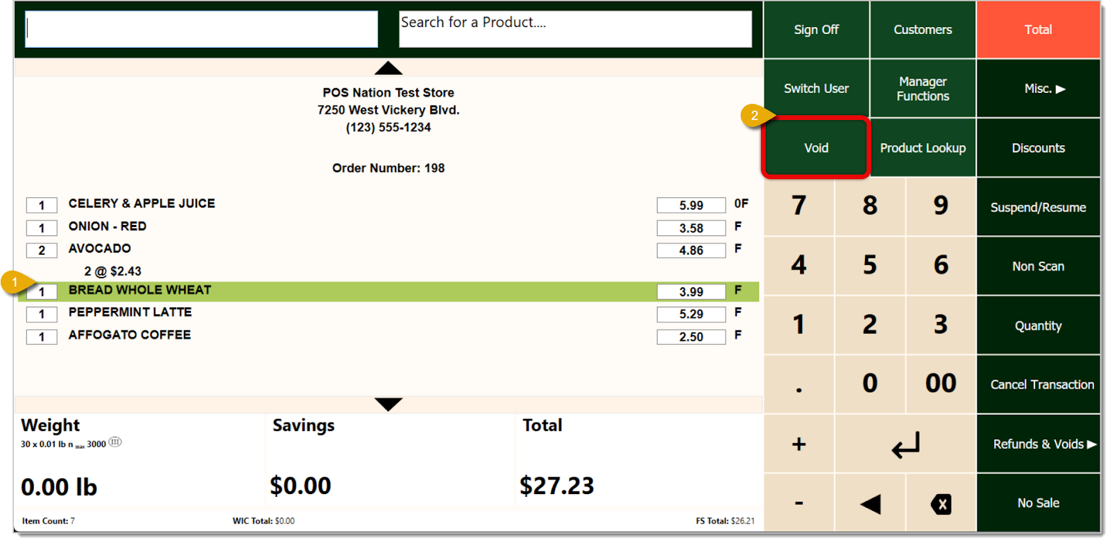 Image showing the steps to Void an item in the system's Front End.