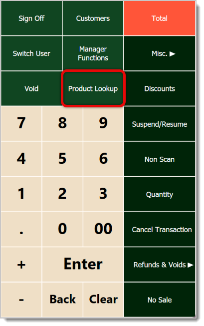 Image showing the Product Lookup function of the Manager Functions menu in the system's Front End.