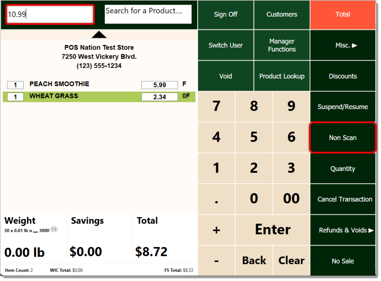 Image showing a transaction in the   Front End with the Non-Scan and Price Entry areas highlighted.