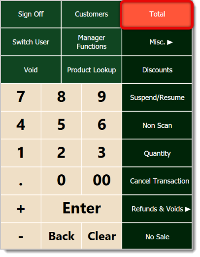 Image of the functions on the POS system, with the Total button highlighted.