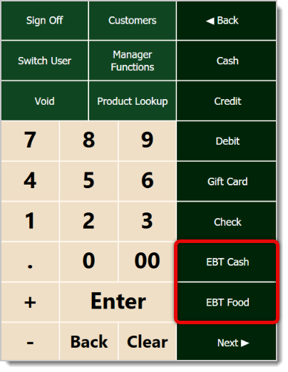 Image of the functions on the POS system, with the EBT Cash and EBT Food buttons highlighted.