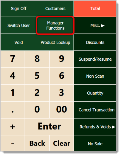 Image of the functions on the POS system, with Manager Functions highlighted.
