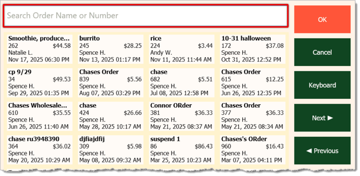 Image showing the Resume Transaction window of the  system's Front End.