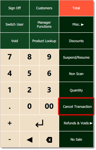 Image of the POS, with the Cancel Transaction button highlighted.