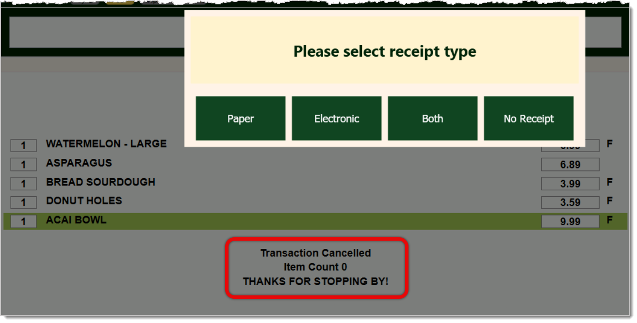 Image of the POS asking "Please select receipt type", with Item Count 0 highlighted. 