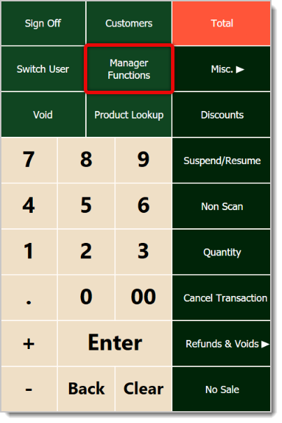 Image of the register panel, with Manager Functions highlighted.