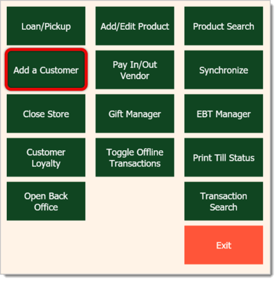 Image of the Manager Functions window, with Add a Customer highlighted.