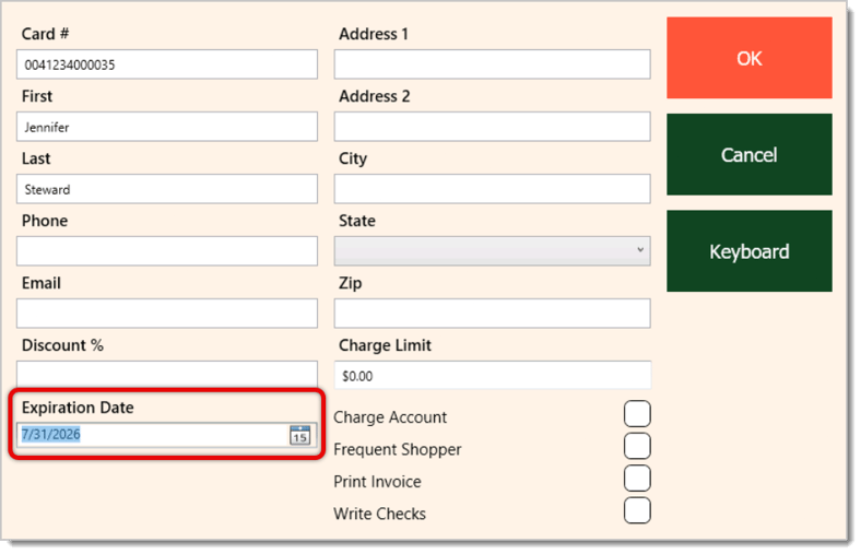 Image of the Add a Customer window, with the Expiration Date field highlighted.
